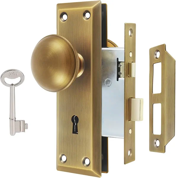 ToPToToo Mortise Lock Set for Interior Door, Vintage Antique Door Knobs with Lock and Skeleton Key, Old Door Knob Replacement Fits 1-3/8 in 1-3/4 in, Antique Brass Finish
