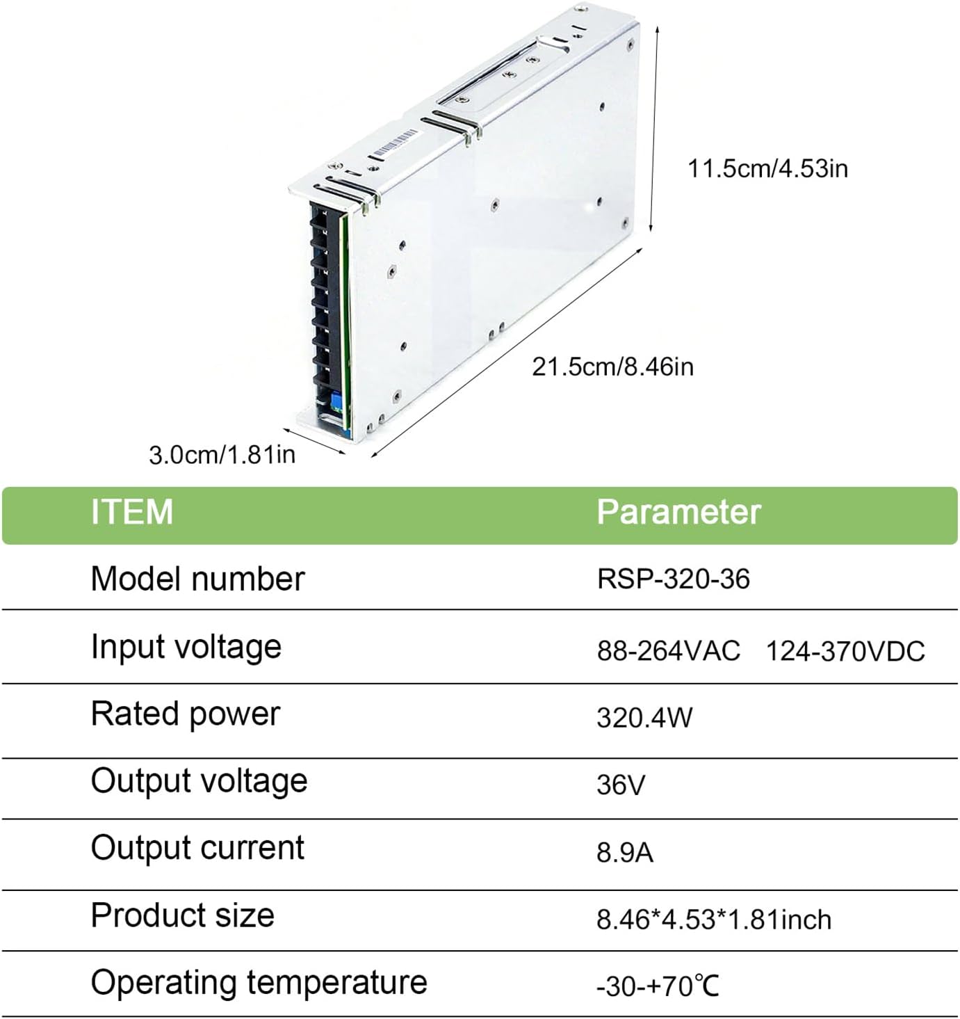 RSP-320-36 36V 8.9A 320W AC-DC Single Output Switching Power Supply with PFC, High Efficiency, Reliable Performance for Industrial Automation, Test Equipment