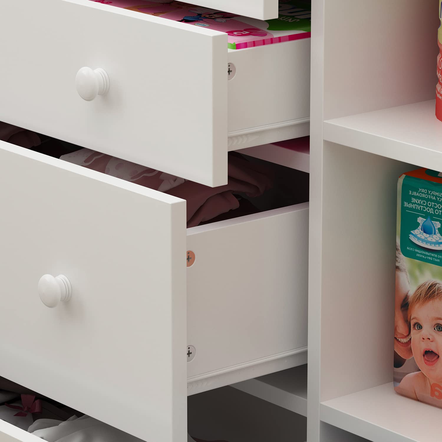 Wickeltisch, Wickelkommode, Wickelregal mit 5 Schubladen, Babykommode, Babypflege, Babymöbel, Wickeltische für Babyzimmer, Schlafzimmer, weiß, MDF
