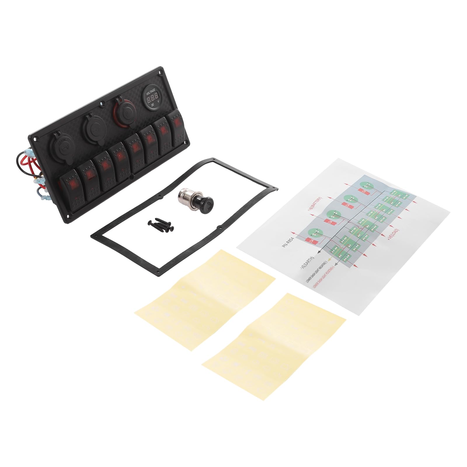 8 x wodoszczelny panel przełączników 12 V 24 V z woltomierzem i podwójnym USB, IP65, przełącznik dźwigienkowy, panel do łodzi, jachtów, samochodów kempingowych – czarny