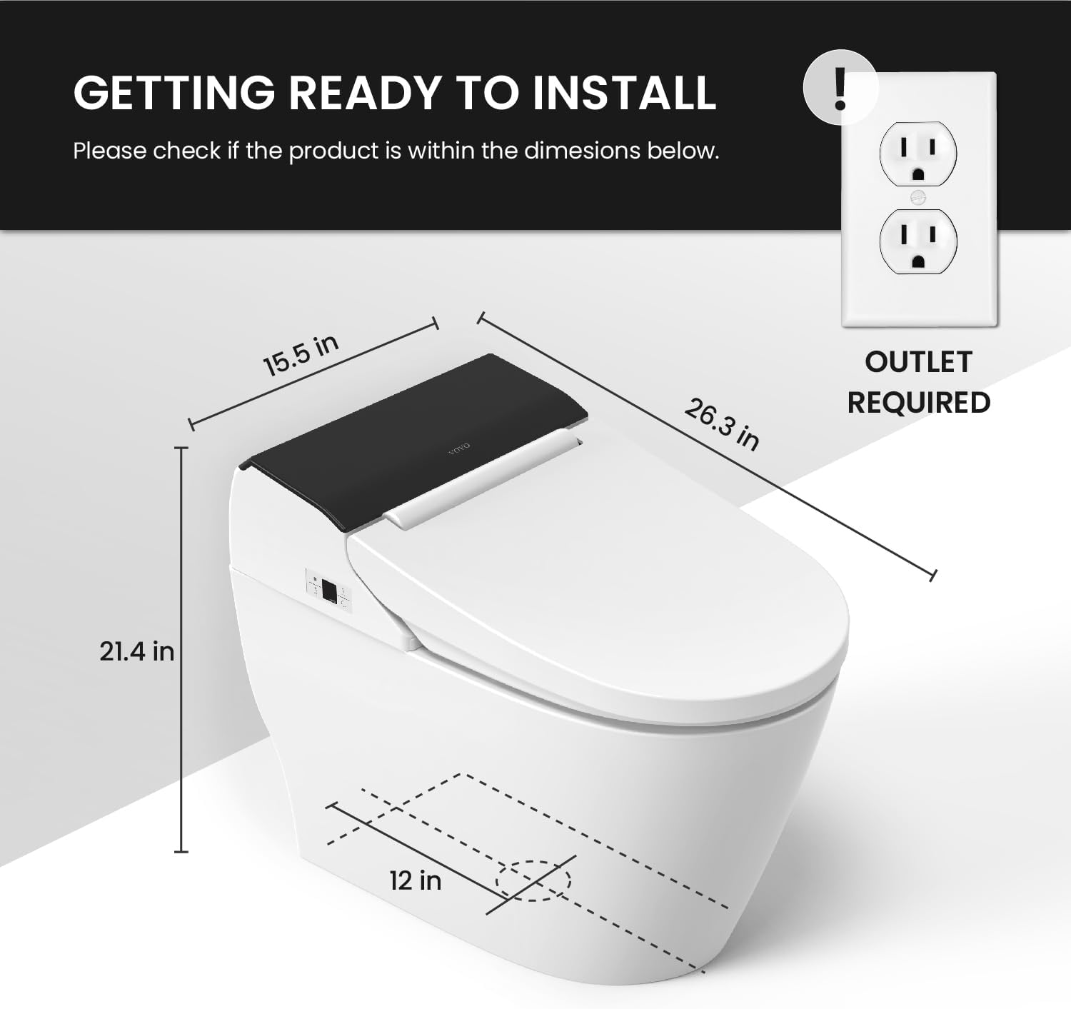 Diagram showing toilet dimensions and electrical outlet requirement.