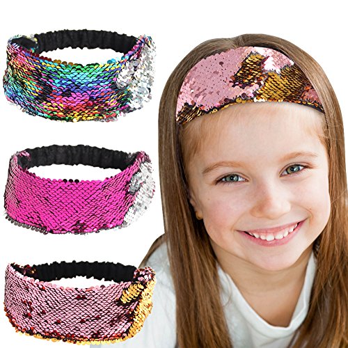 QtGirl Mermaid Sequin Headbands for Girls, 3 Pack Reversible Flip Sequins Headband Stretch Elastic Hairband for Teens Girls and Women Party