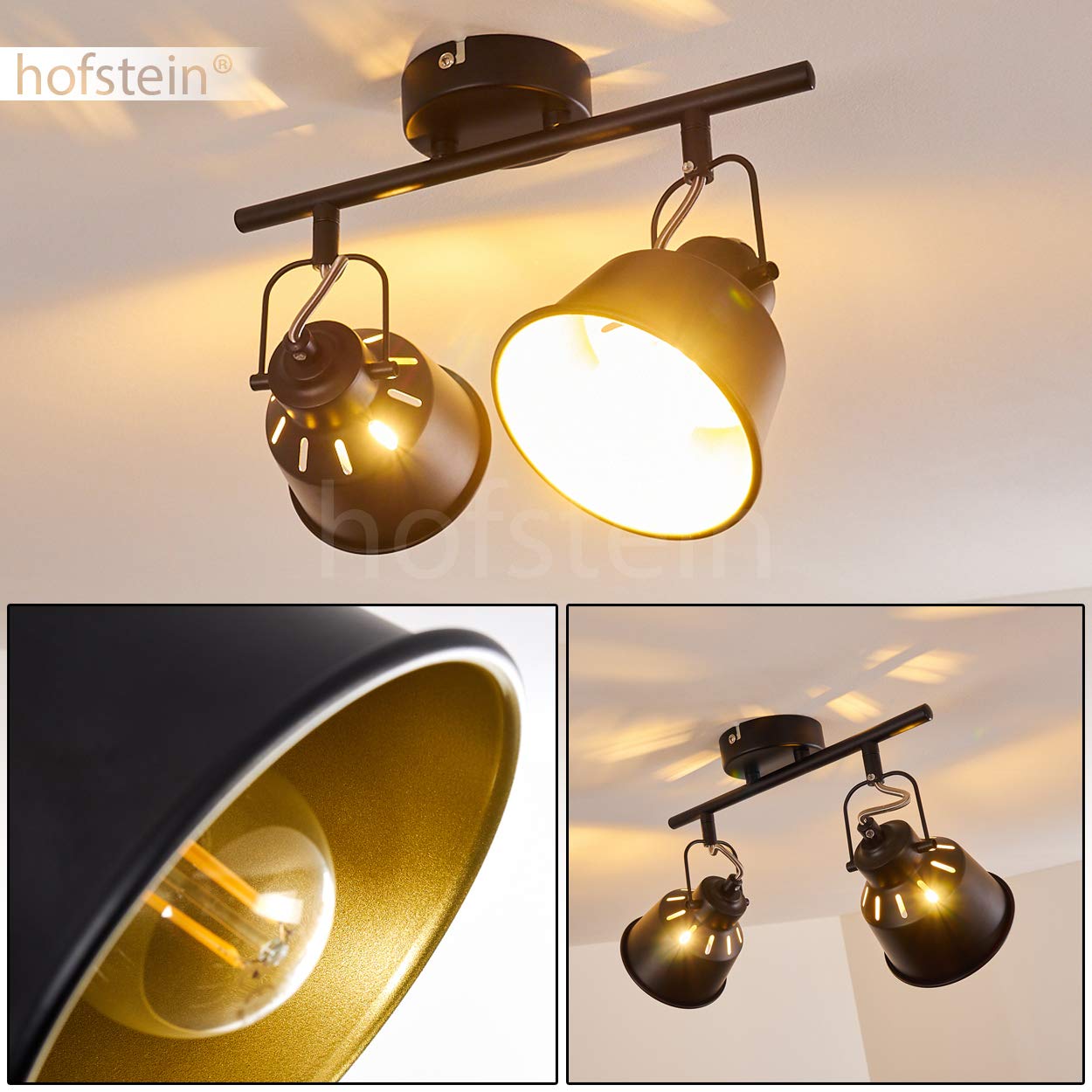 Plafoniera Safari, plafoniera in metallo in nero/oro, 2 luci, con faretti regolabili, 2 x attacco E14, faretto in design retro/vintage, senza lampadina/e
