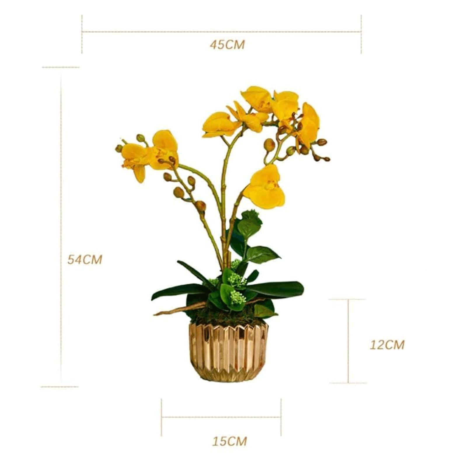 SDdPulse Orchidee artificiali finte con vaso dorato fiori artificiali in seta Phalaenopsis fiori artificiali 54 cm in vaso finta decorazione per la casa fiori finti molto naturali, giallo