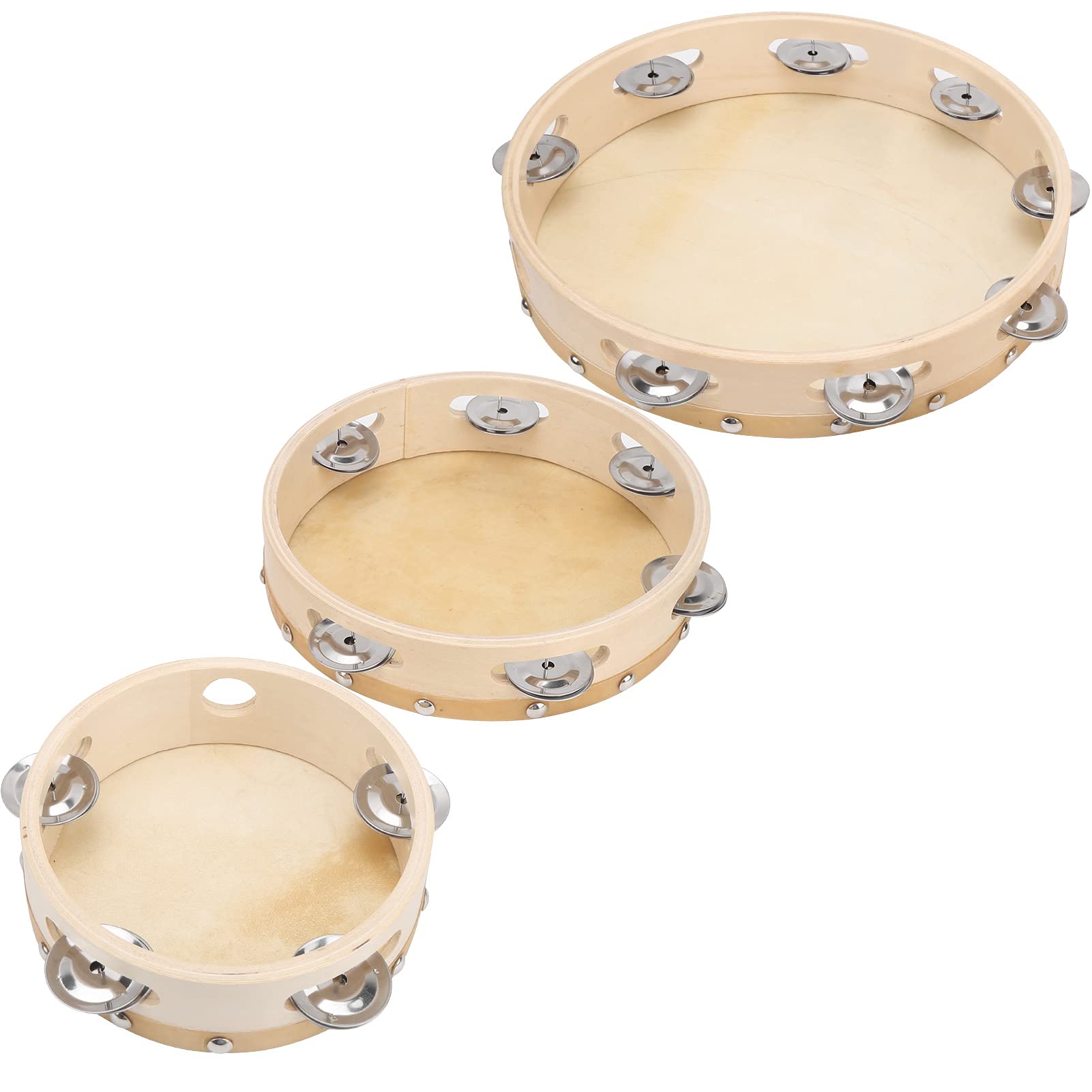 3-teiliges Holz-Tamburin-Set, einreihige Handtrommel mit Kuhfell‑Membran, massiver Holzrahmen – ideal für Kinder, Erwachsene, Musik, Tanz, Kirche und Jazz
