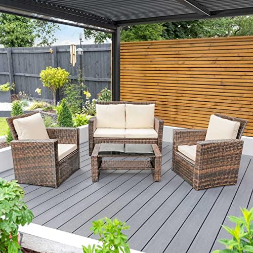 EVRE Brown 4 Seater Rattan Garden Conservatory Patio Furniture Sofa
