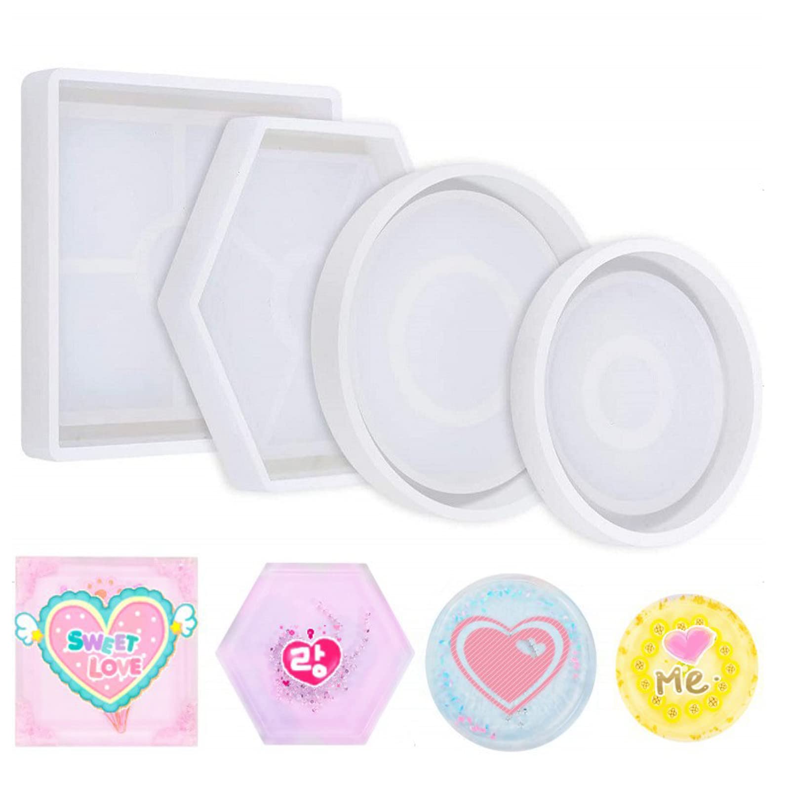 4 Stück Resin Gussformen - Sechseckig, Quadratisch, Rund Für DIY Untersetzer, Tischdekoration, Aus Silikon