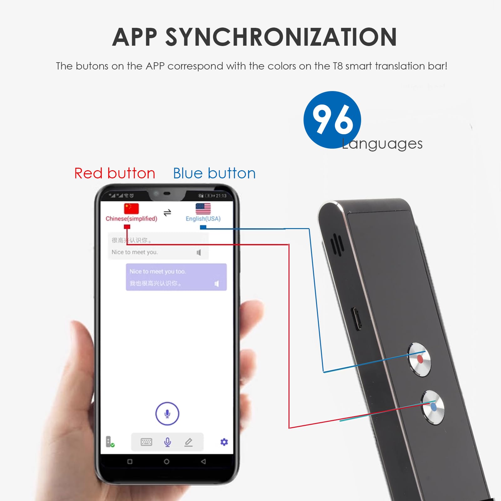 Dispositivo di Traduzione Vocale in Lingua Bluetooth, Traduttore di Lingua Bidirezionale Istantaneo Portatile, Supporto per Dispositivo di Traduzione in 96 Lingue