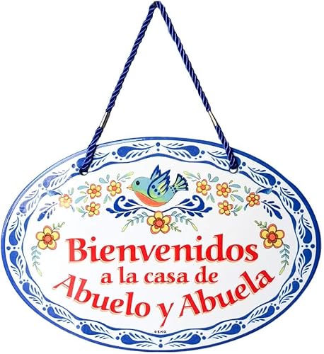 "Bienvenidos a La Casa de Abuelo & Abuela" - Obra de arte tradicional de cerámica con texto en inglés "Welcome To the Home of Grandpa & Grandma de
