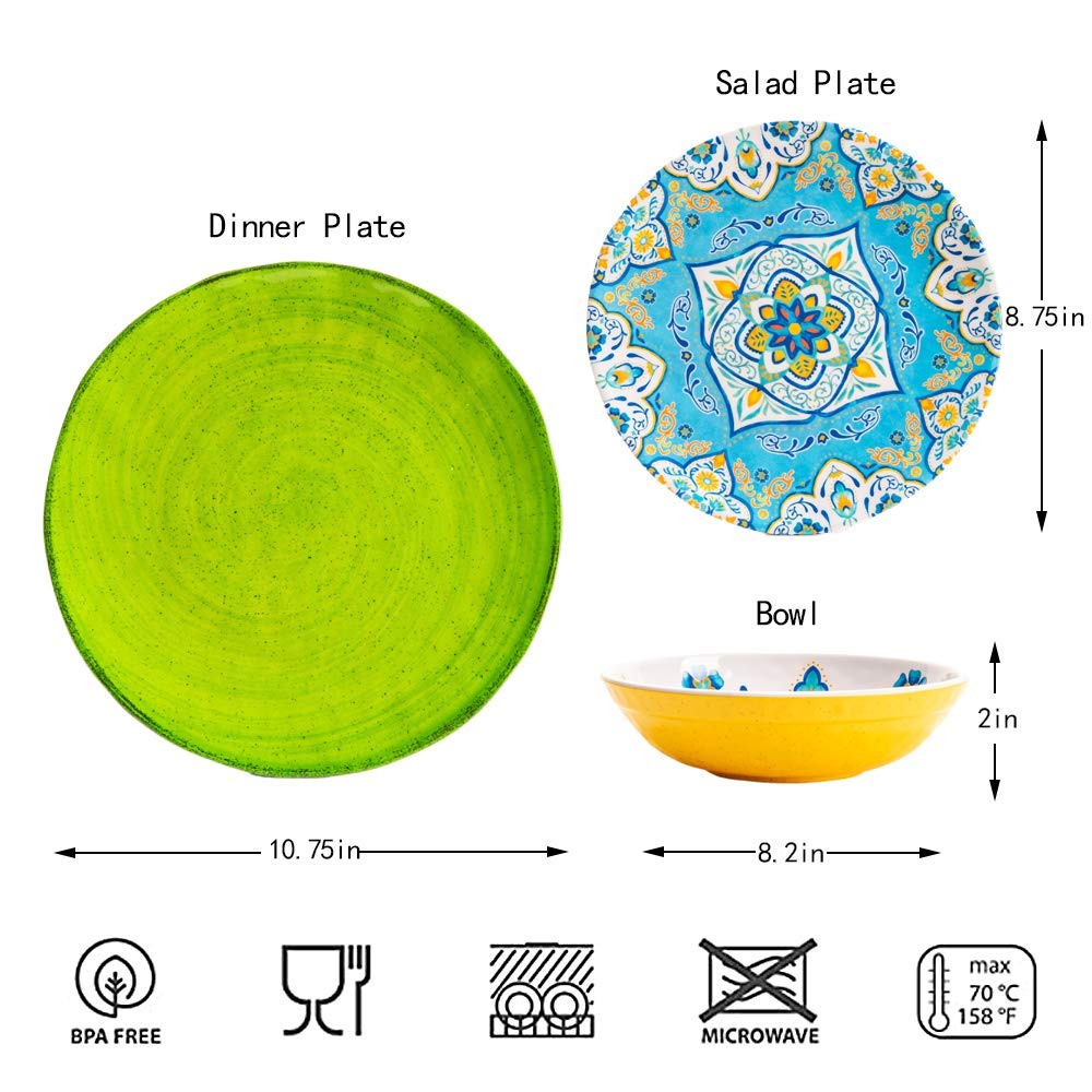 Juego de vajilla de melamina de 12 piezas, duradero, colorido, apto para lavavajillas, a prueba de roturas, resistente a las astillas, no apto para microondas, no horno (multicolor)