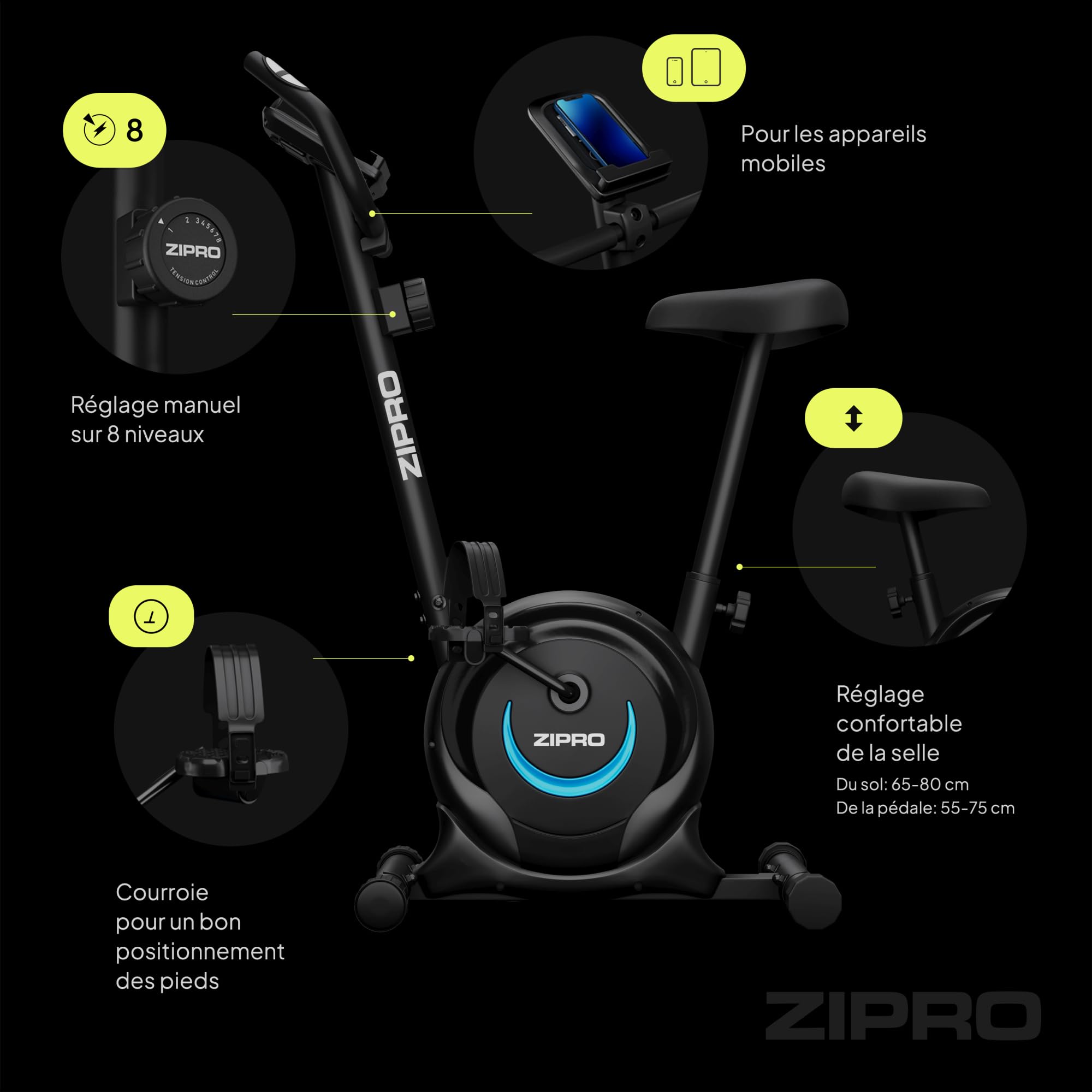 ZIPRO Vélo d'Appartement Adulte Résistance Magnétique 8 Niveaux Écran LCD