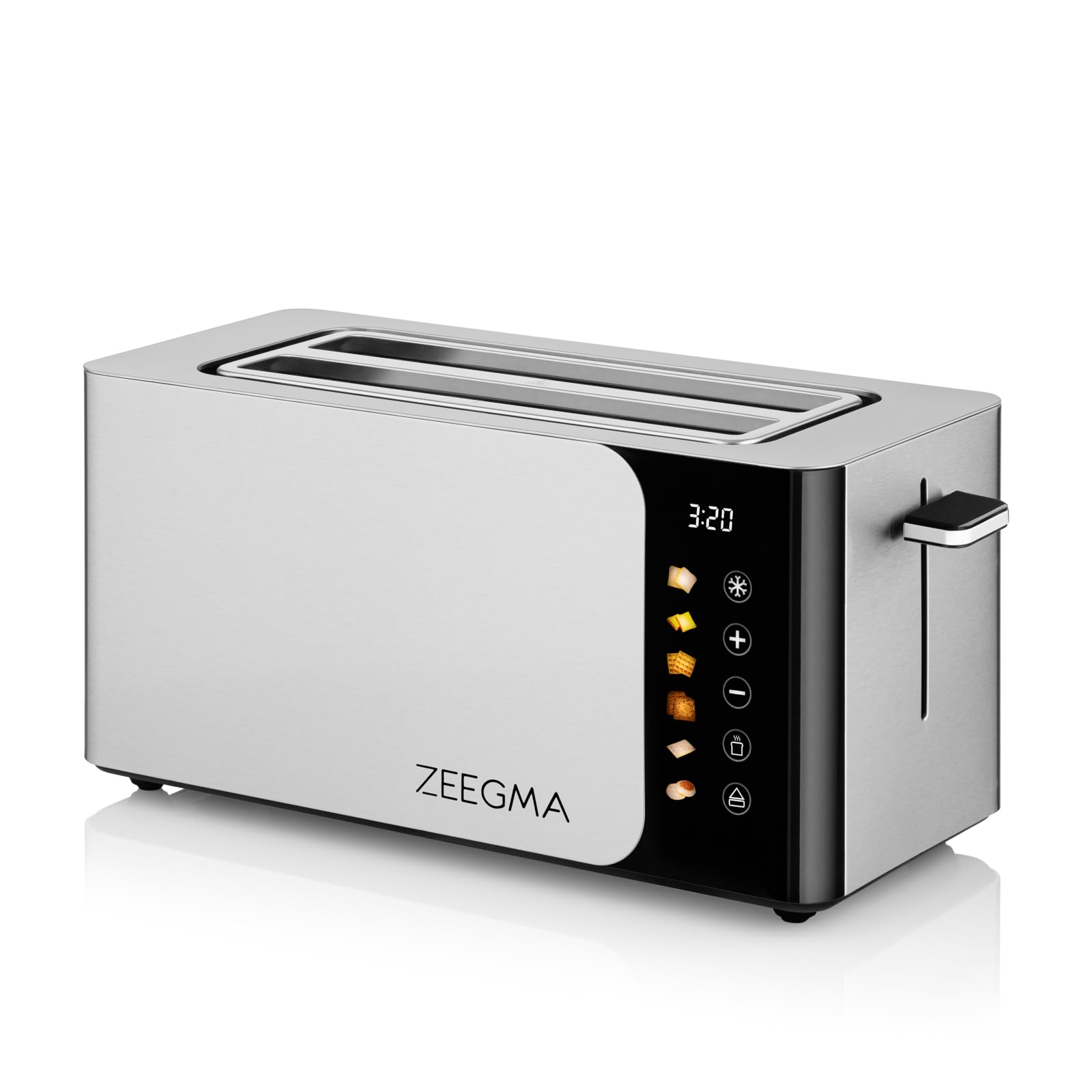 ZEEGMA TOSTEE SMART Tostadora de Pan de 4 Rebanadas de Acero Inoxidable, Soporte para Panecillos 1500 W, Descongelar, Recalentar y Parar, Bandeja para Migas, Panel Táctil con Temporizador, 6 Niveles