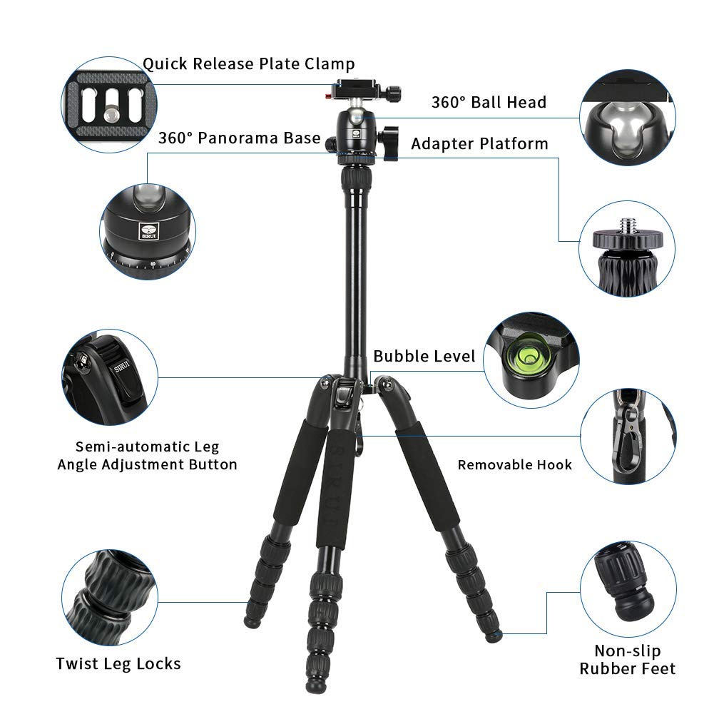 Treppiede Da Viaggio SIRUI LightLegs AM-005K Con Testa A Sfera D-10K – Alluminio Aeronautico, 140.8cm, Carico 5kg, 5 Sezioni, Per Fotografia