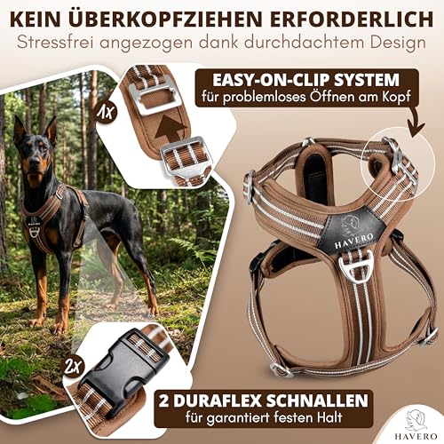 HAVERO Hundegeschirr Easy-On-Clip – [Kein Überkopfziehen] | Anti-Zug Y-Geschirr Gepolstert Reflektierend Atmungsaktiv Brustgeschirr – kleine, mittelgroße & Grosse Hunde Geschirr (Braun, M)