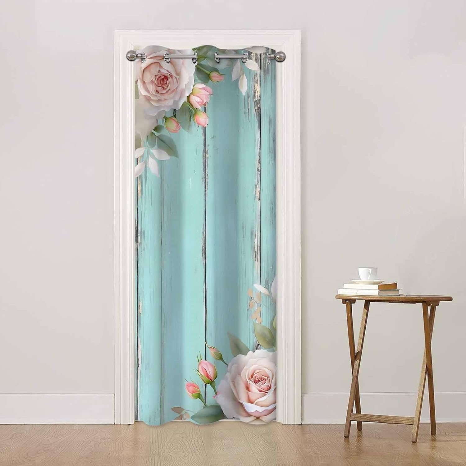 Vintage Turquoise Doorway Curtain Wooden White Rose Bouquets Blue 1 Panel 34" W X 80" L Door Drape for Kitchen Restaurant Bedroom Living Room