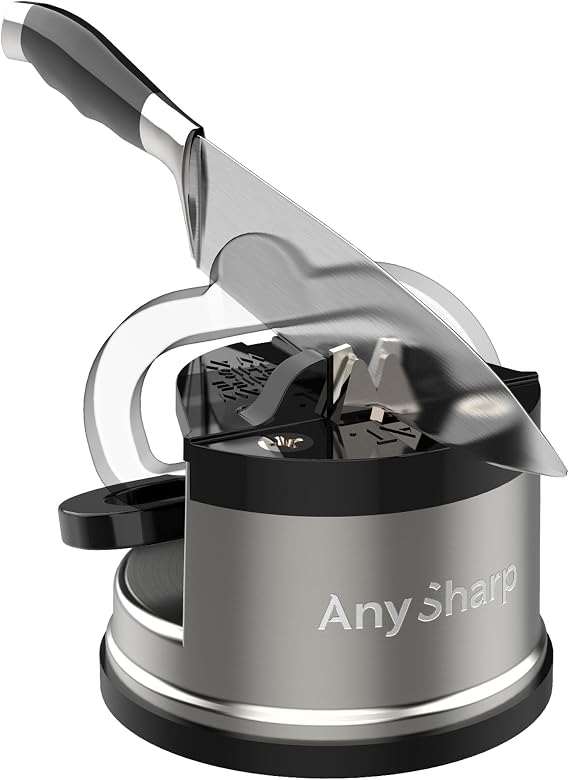 AnySharp Pro Metall-Messerschärfer mit PowerGrip Saugnapf Wolframkarbid Premium Wolframkarbid-Schärfsystem für Küchenmesser Wellenschliff & gehärteten Stahl Professionelle Qualität
