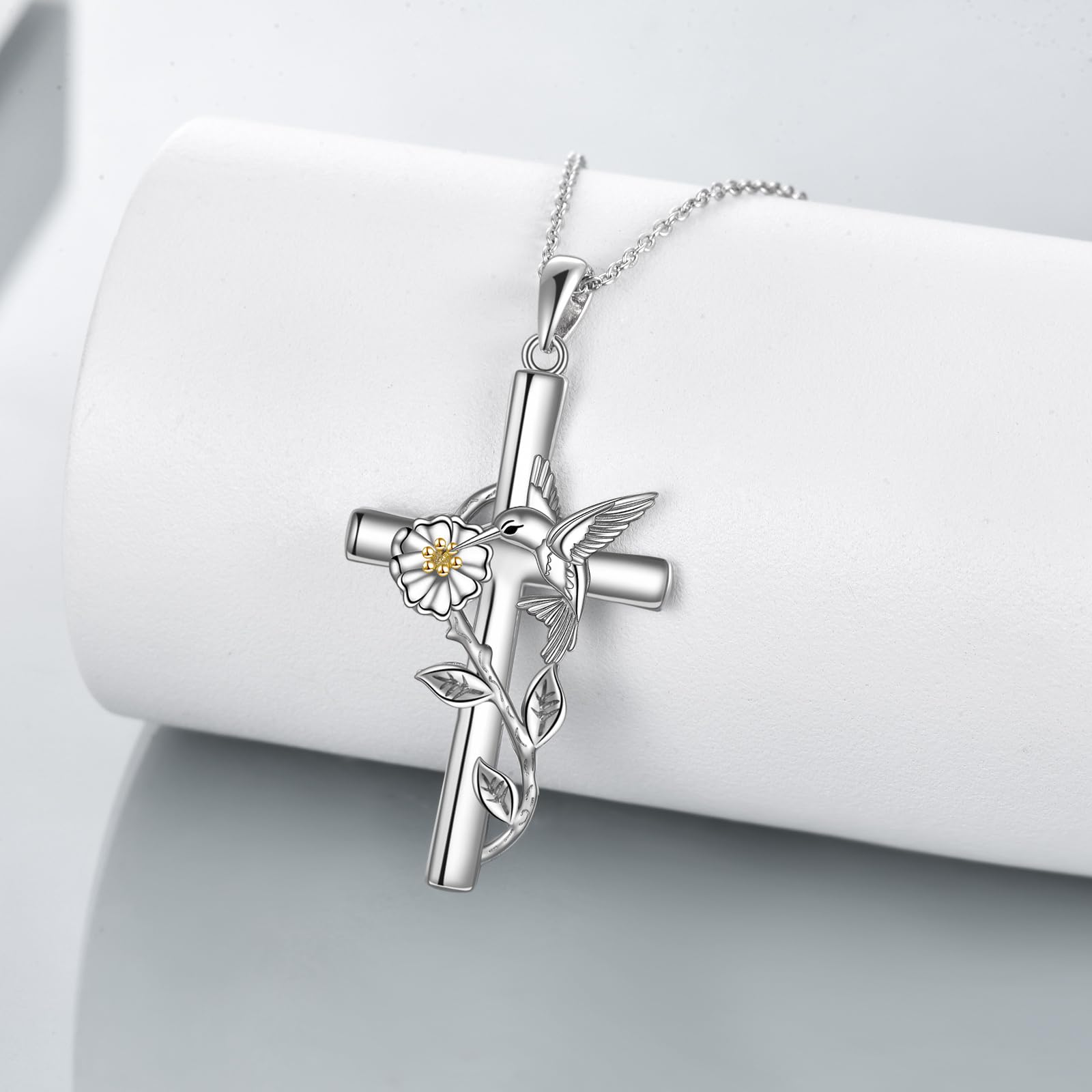YFN Collar de colibrí para mujer, plata de ley, cruz, colibrí, collar de margarita, regalos para niñas
