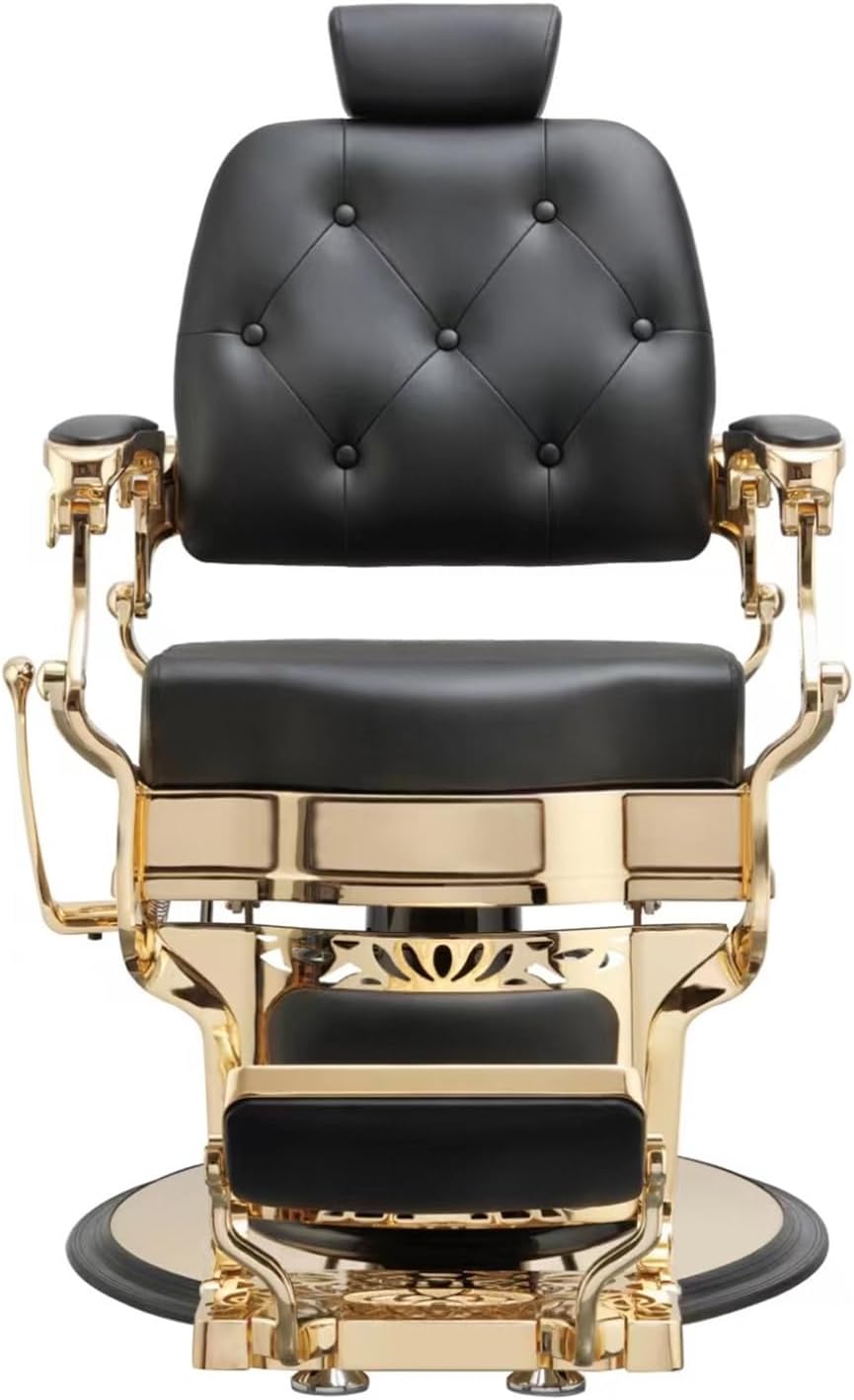 Adams Vintage Barber Chair, Reclining Heavy Duty Barber Chair, Black Seat Gold Frame
