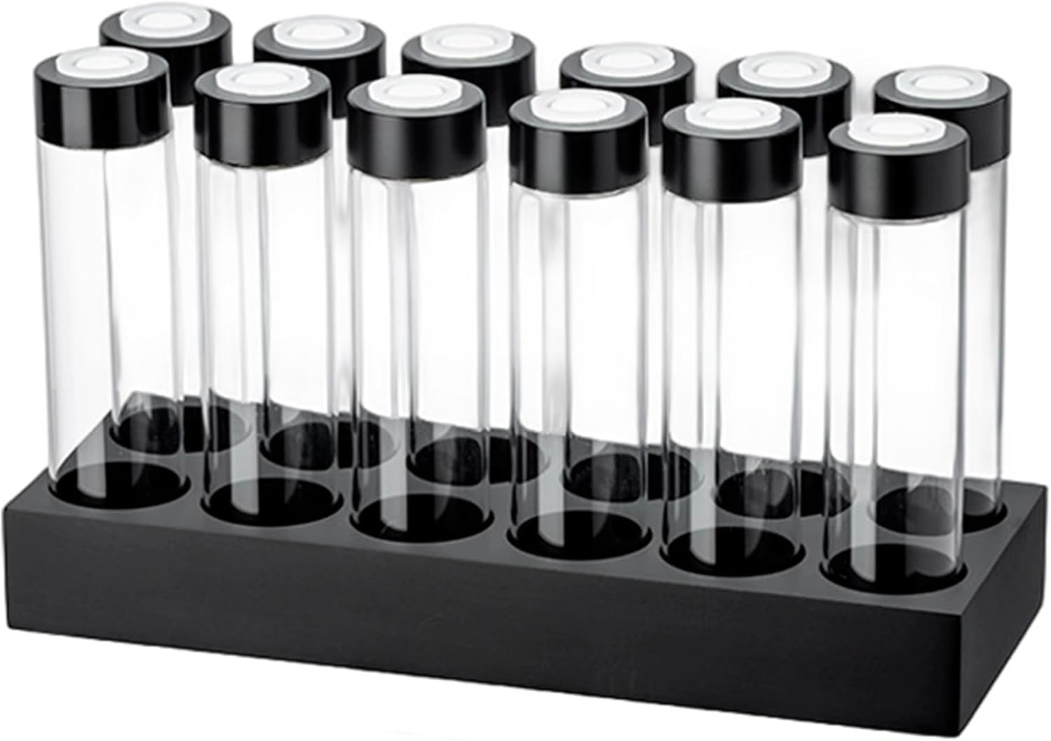 Set of 12, Coffee Bean Cellars with One-Way Exhaust Gate, Bean Storage Clear Glass Vaults, Includes Display Stand and Silicone Funnel