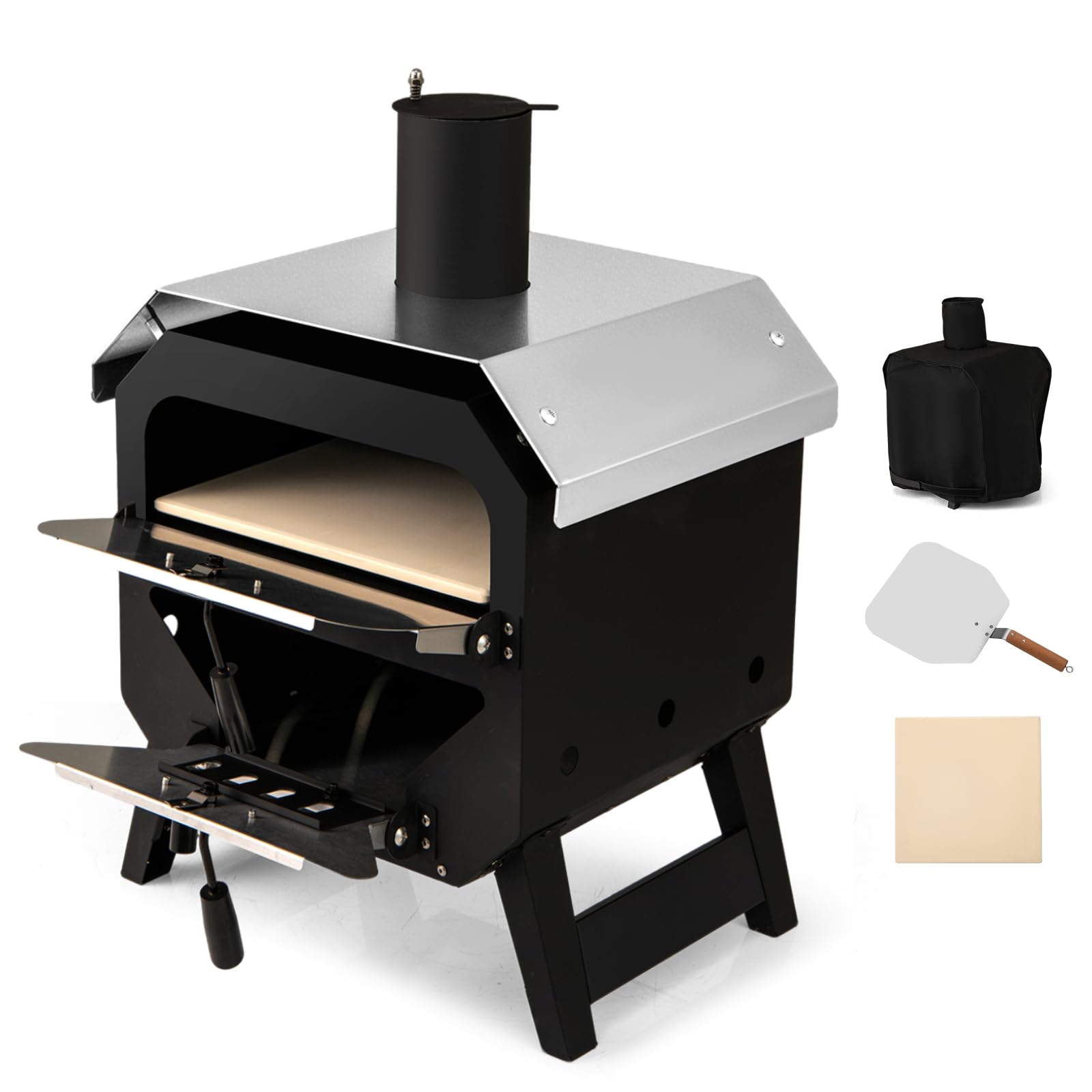 TANGZON Outdoor Pizza Oven, 2 Tier Wood-fired Pizza Maker with Waterproof Cover & Pizza Stone, Outdoor Garden Patio BBQ Pizza Cooker for Meat Fish Veg (with Steel Roof, 43 x 45 x 61 cm)