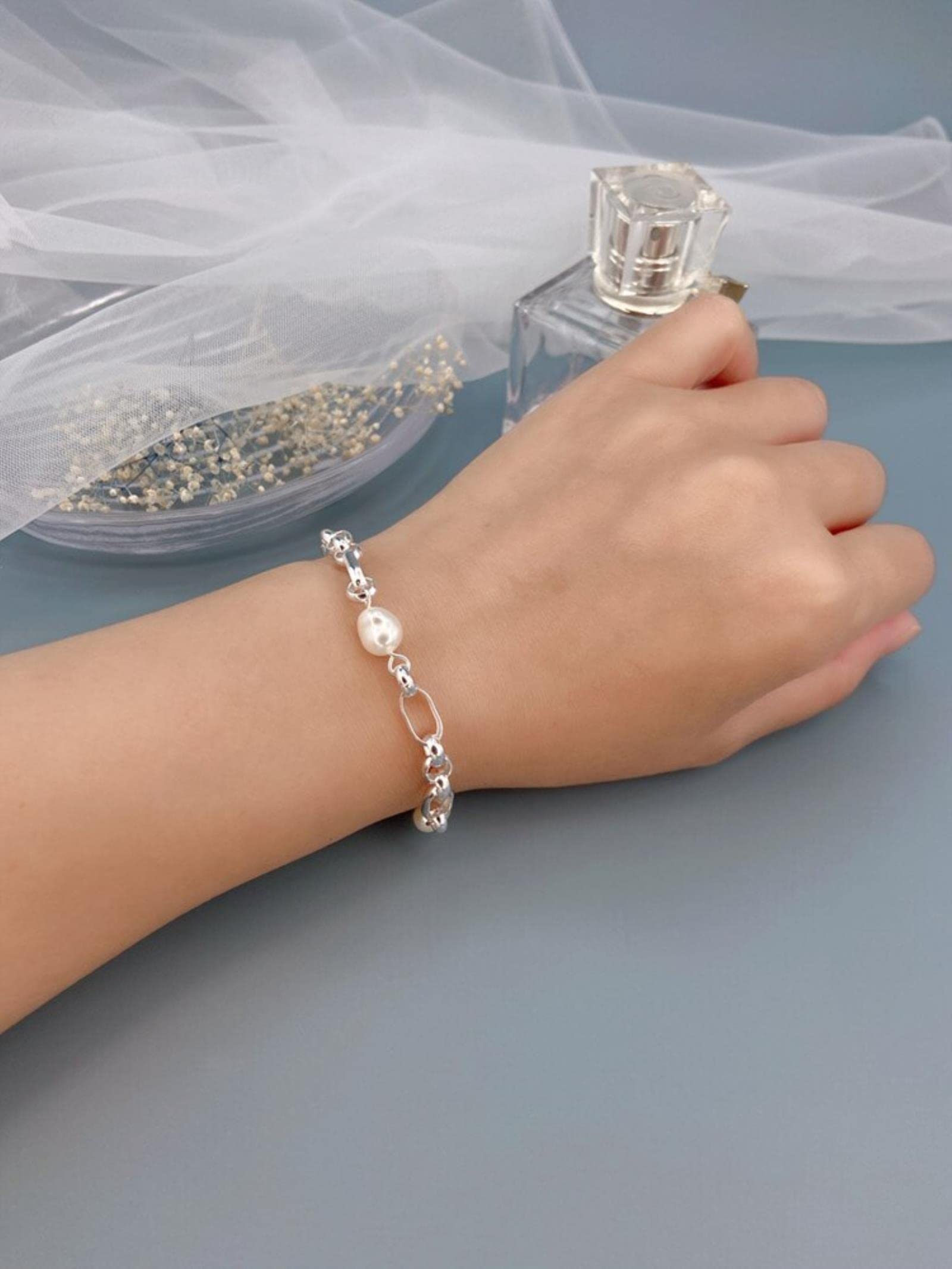 Braccialetto in Argento Sterling 925 Dolce 8mm con Perle Barocche per Le Donne Gioielli da Sposa di Compleanno Fine S925 Da1653