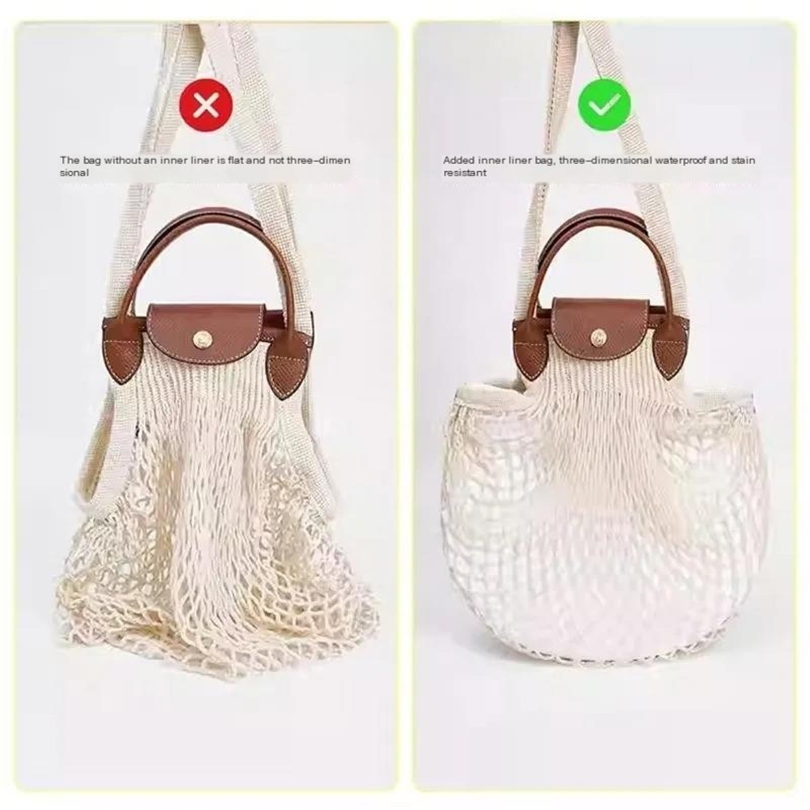 Organizador de Bolso para Longchamp Filet, Forro de Bolsa de Malla(Insert Large White)
