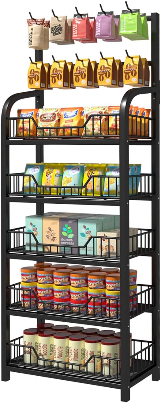 5 tier snack display rack, retail organizer with hooks, candy potato chip storage shelf, snack storage organizer for supermarket stores kitchen (23.6x10.6x65.3 in) biack 5 tire
