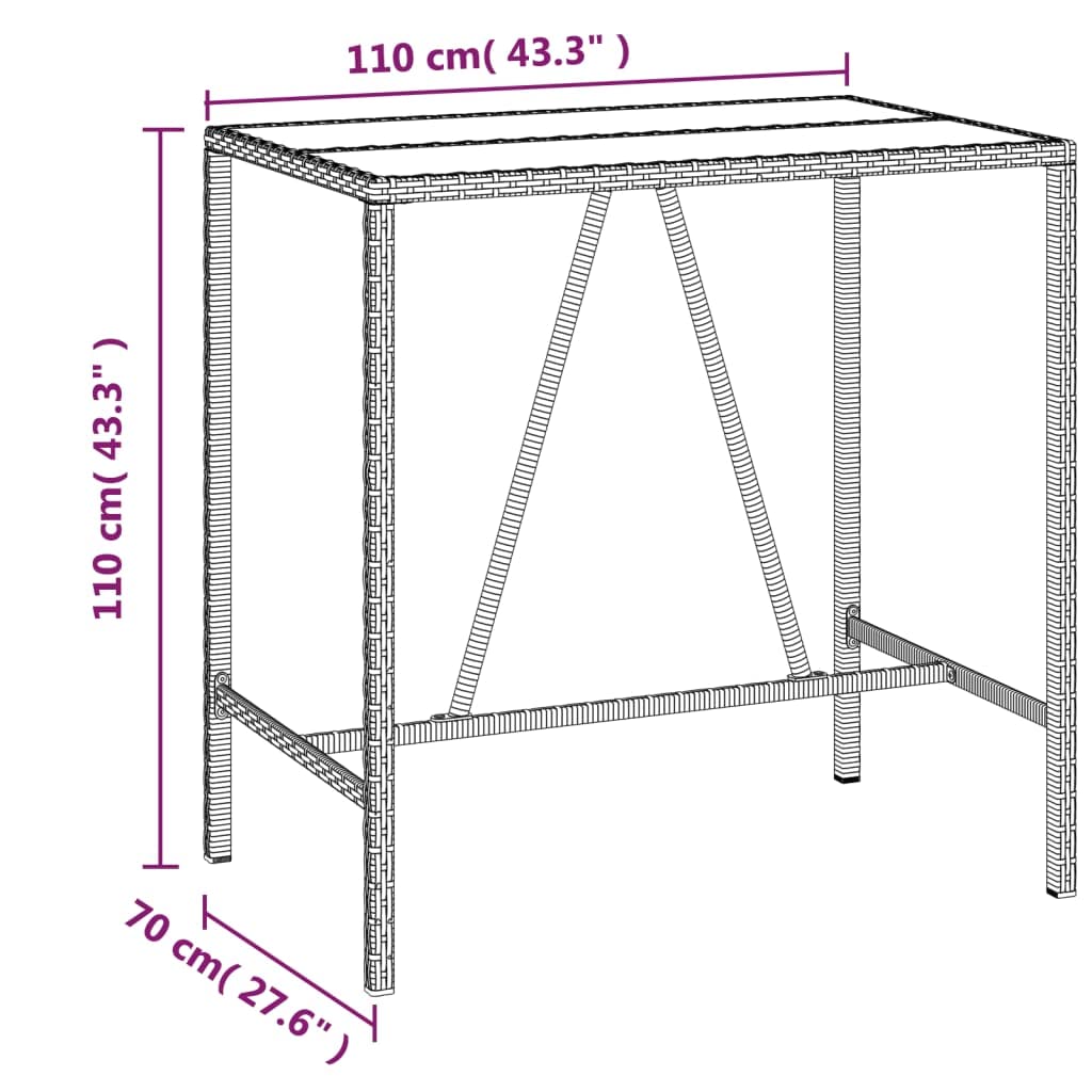 Tavolo da bar in polyrattan, grigio, 110 x 70 cm, con piano in vetro | Resistente alle intemperie, telaio in acciaio verniciato a polvere, facile da pulire, per giardino e terrazza
