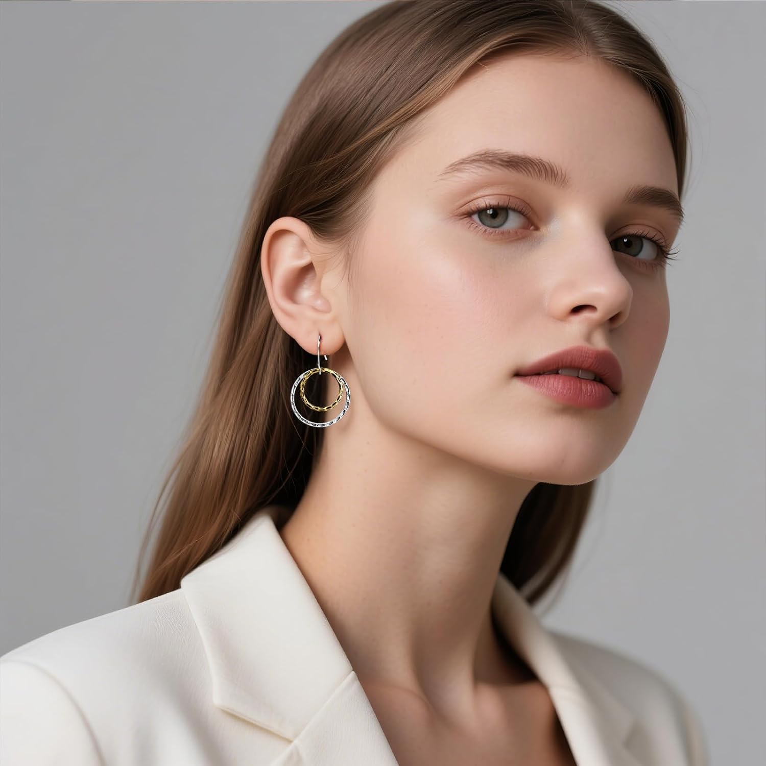 Gold and Silver Hammered Dangle Earrings Circular Two Tone Earrings for Women - Image 4