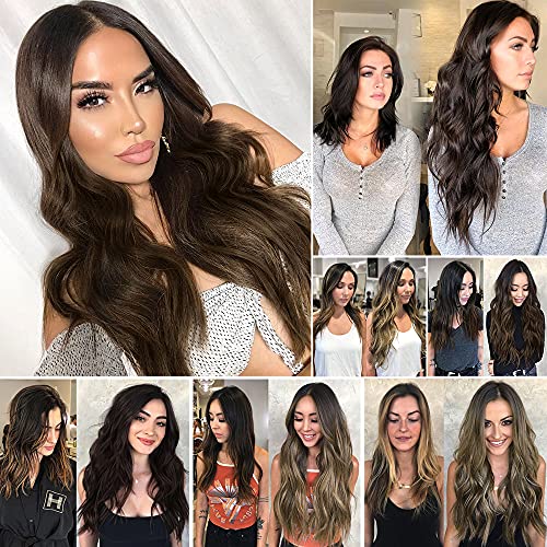 Deethens 4PCS Clip in Beach Wavy Hair Extensions 20 Inches Long Synthetic Hairpieces Bouncy Curly Hair Extensions for Women (Dark Brown)