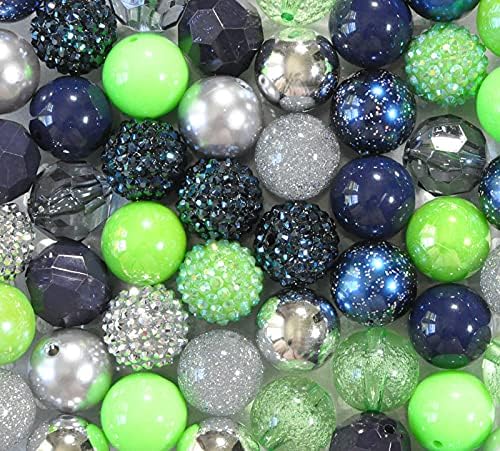Navy and Lime 20mm Bubblegum Bead Mix Blue Green Grey Chunky Plastic Beads in Bulk