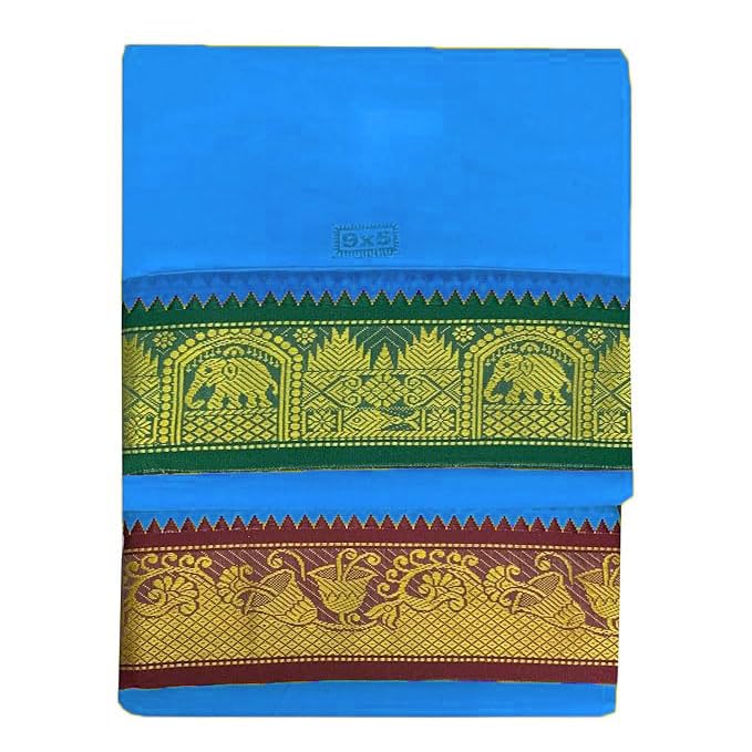 Mens Panchakacham 9X5 Unbleached Cotton Colour Dhoti + Towel set (Sky Blue)-image-25