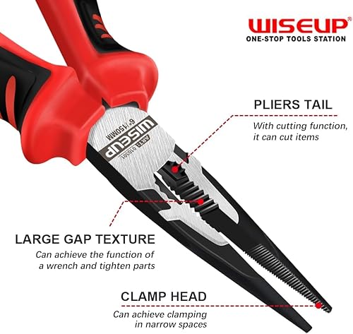 Miniatura 3 de WISEUP Alicates profesionales de la punta de la aguja de 8 pulgadas Alicates de nariz larga industrial Cr-V con doble endurecimiento por aire