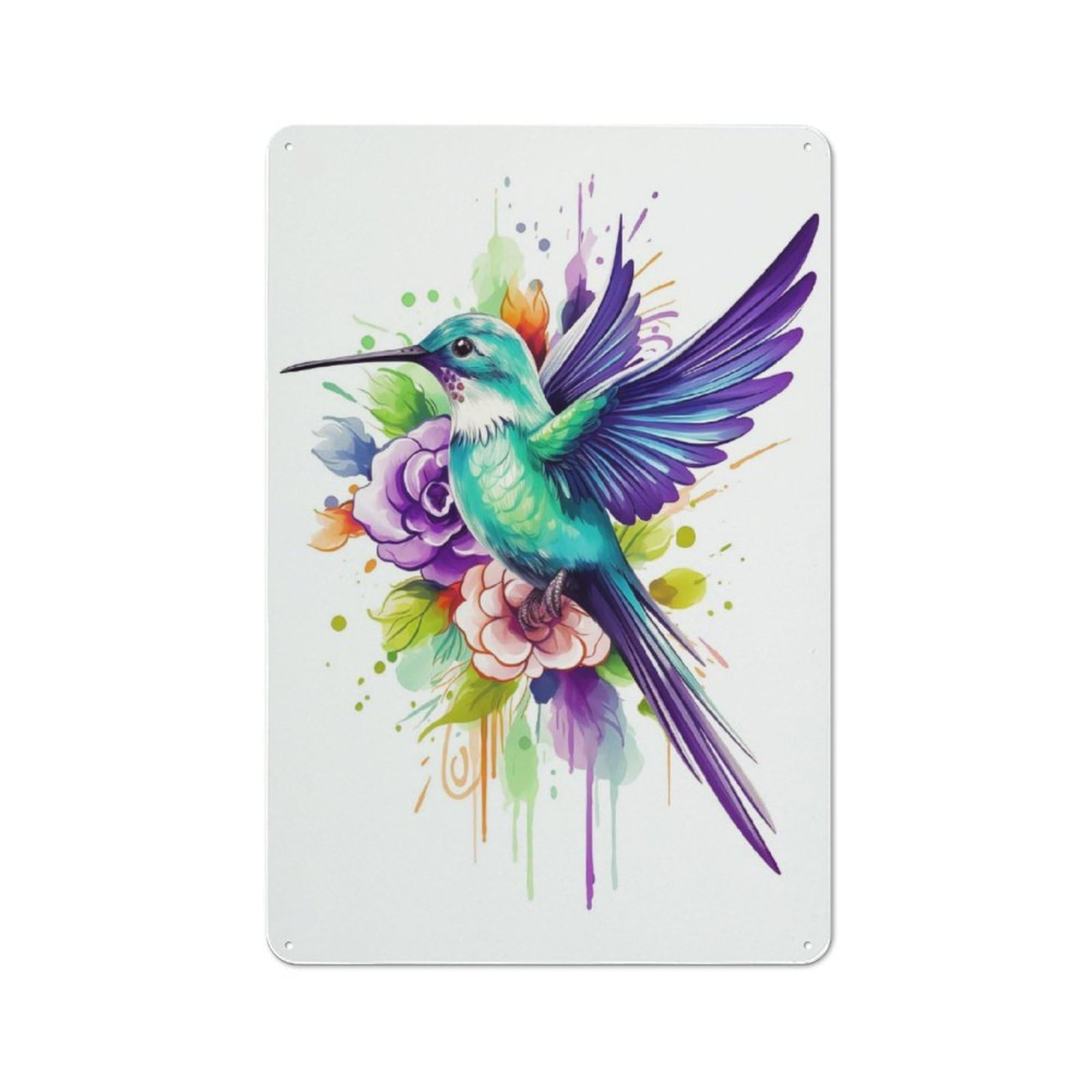 Junmoney Watercolor Hummingbird Workshop Style Metal Wall Decor 30X20cm, Tin Sign For Tool Room, Garage, Studio Or Home Bar