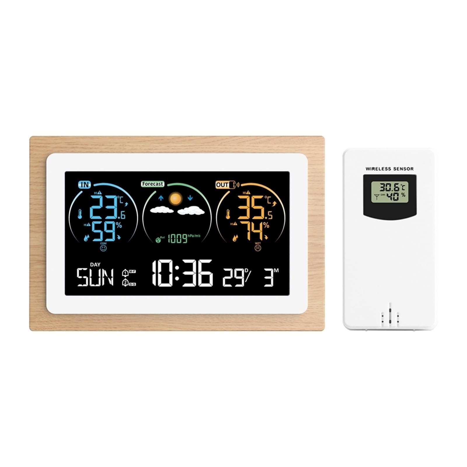 Digital VA Color Wood Weather Station Home Temperature Humidity Air Pressure Monitor Wall Alarm Clocks Wireless Forecast Sensor