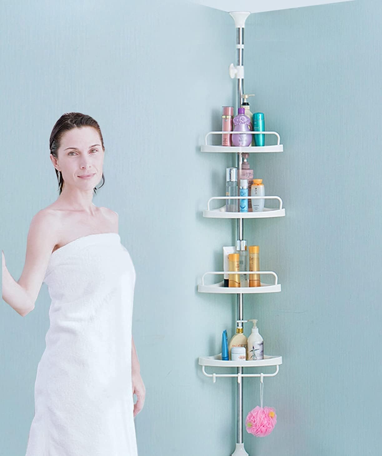 H&A Strong Shower Storage Caddy,SturdyTension Corner Pole Caddy,Commercial Grade Rustproof Bathroom Bathtub Adjustable Corner Rack Ivory