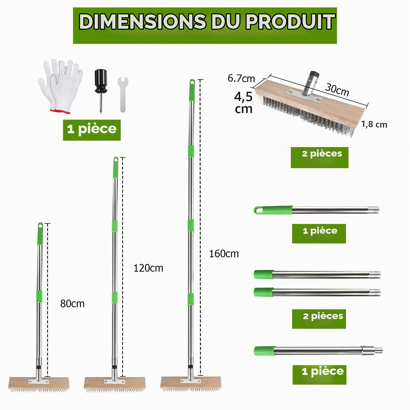 2pcs Balai métallique 30cm Brosse à balai métallique portable Balai métallique en acier avec 1 jeu manche (1,6 m) Balai exterieur pour enlever mousse du jardin, mauvaises herbes,taches tenaces