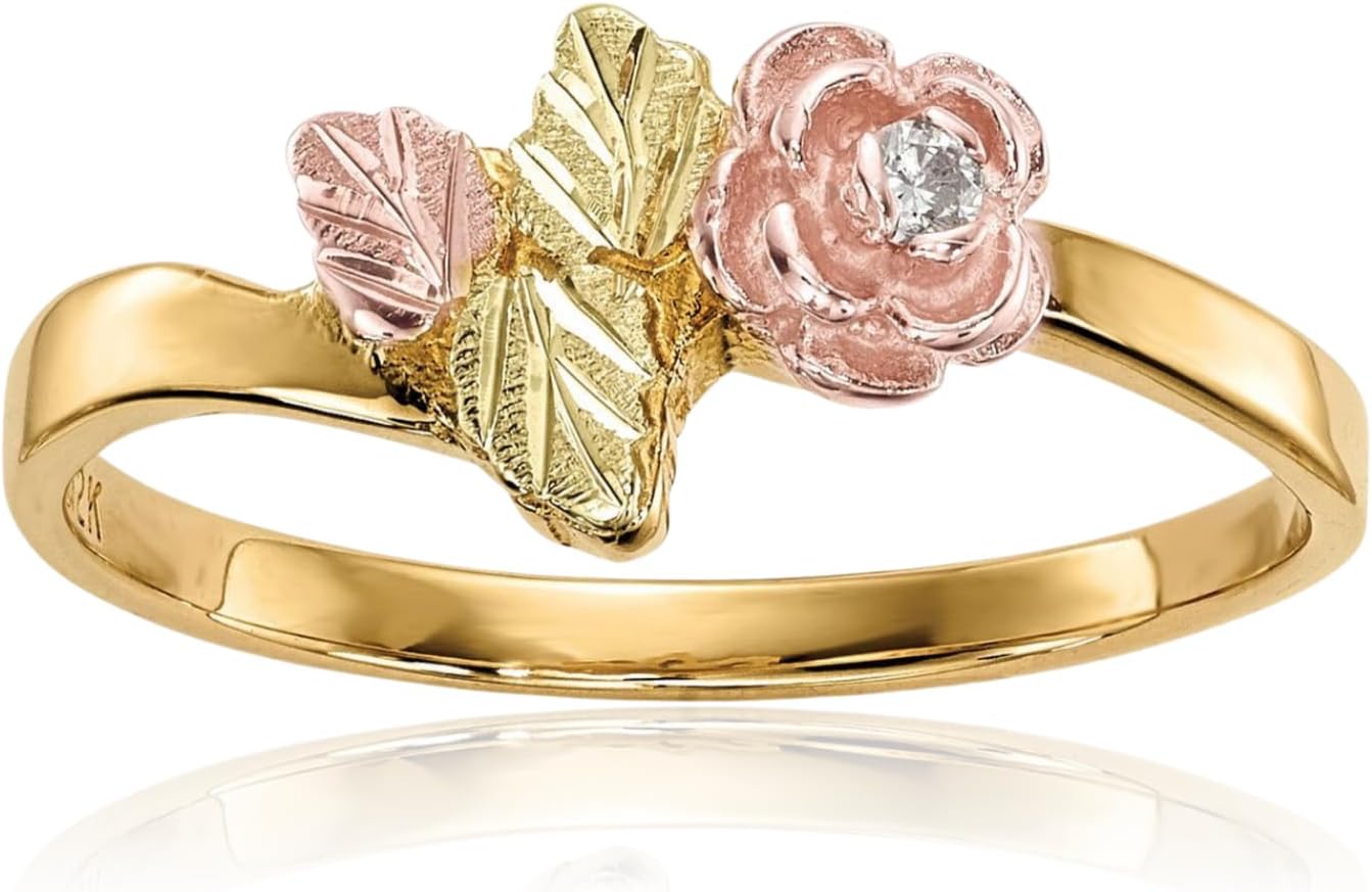 10K Solid Tri Color Pink White Yellow Black Hills Gold Diamond Rose Flower Ring Size 5.5