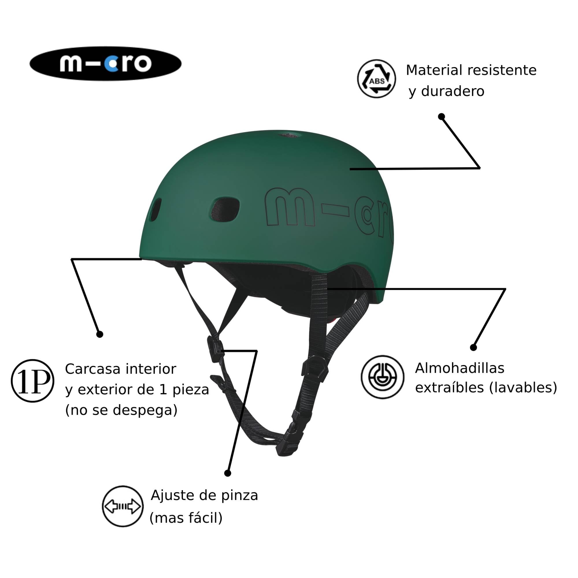 Micro Mobility Casco para niños en Color Verde Forest en Talla M para una Circunferencia de Cabeza de 52 – 56 cm, AC2127BX