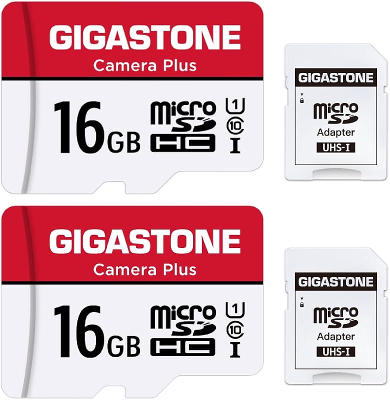 Gigastone 16GB Memory Card Pack of 2 Cards, Camera Plus Series, Speed Up to 85MB/s. Ideal for Full HD Video Gopro Camera Drone, U1 C10 Micro SDHC Card with Mini Case and SD Adapter.