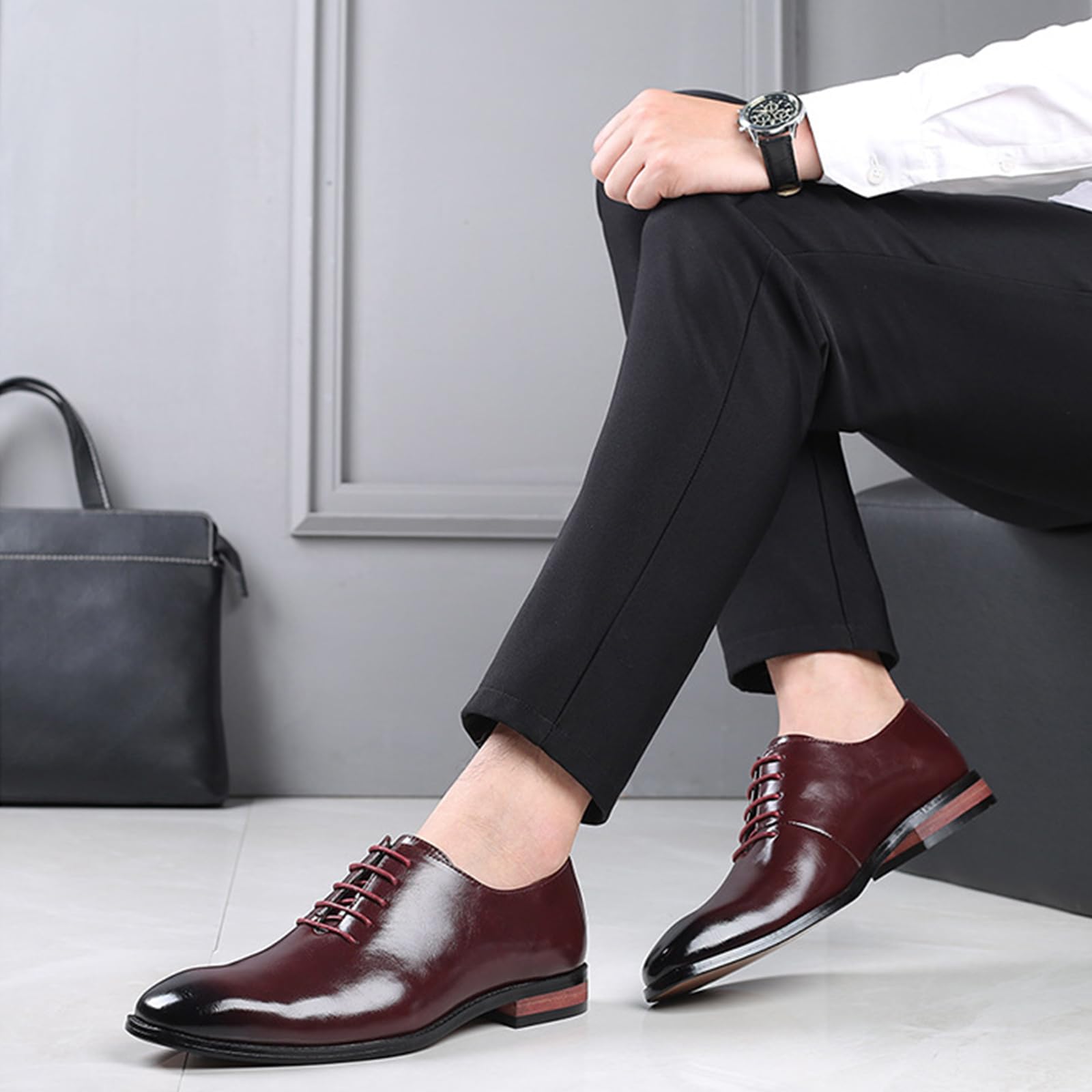 Abend Oxford Schuhe für Herren Klassische Schnürer Business Schuhe Low-Top Kleid Schuhe für die Hochzeit,Rot,45 EU