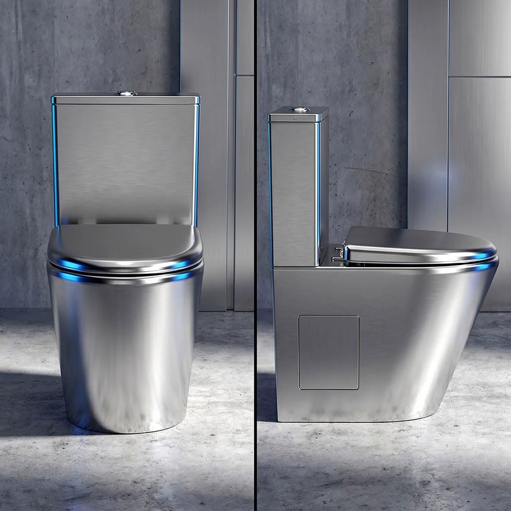 Inodoro de acero inoxidable con asiento abatible, de bajo consumo de agua