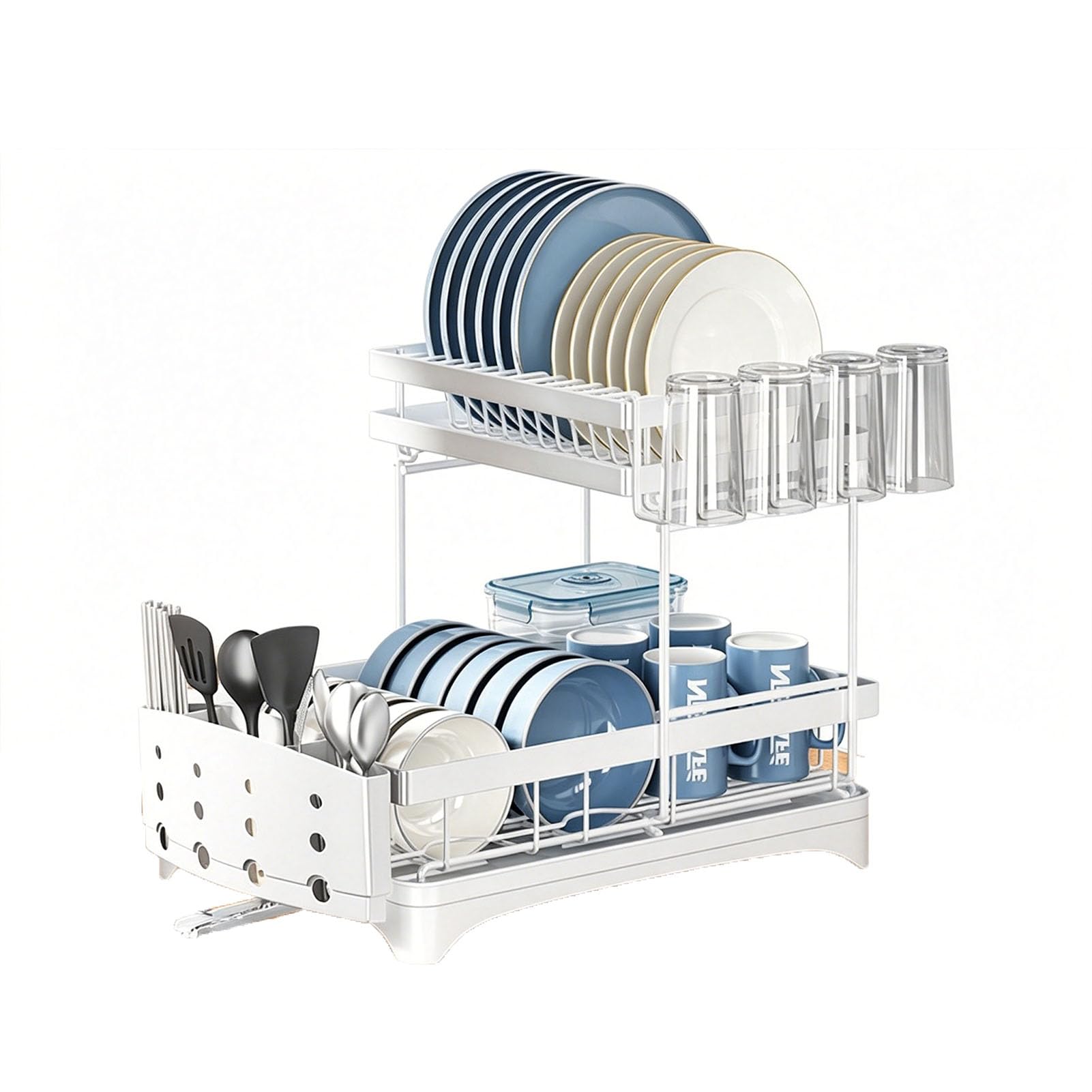 TBATM Dish Drying Rack, Rustproof Carbon Steel Kitchen Dish Rack With Utensil Holder & Pull Out Drain Tray For Countertop Sink Side Storage,White,A
