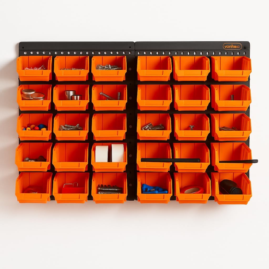 Workshop Storage 32pcs Wall Mount Storage Organiser Bin for Tool Shed, Garage and Workshop Wall Storage Organiser Storage Bins for Tool Shed Garage Workshop (Orange)