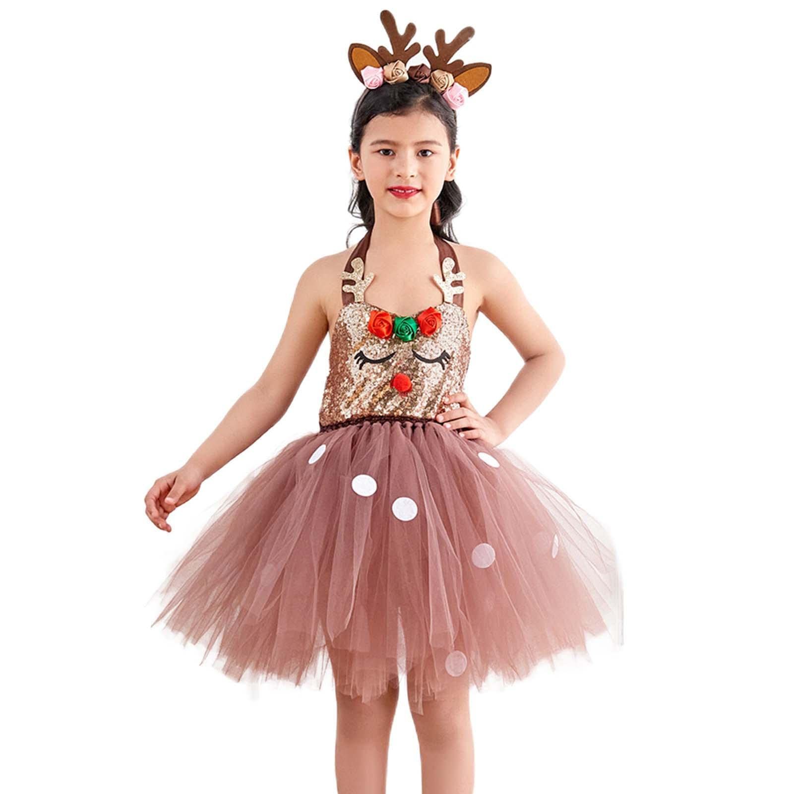 Disfraz De Reno Navideño Para Niña – Falda Tutú Con Lentejuelas, Diadema De Astas Y Cintura Elástica – Ideal Para Carnaval, Cosplay Y Fiestas De Navidad