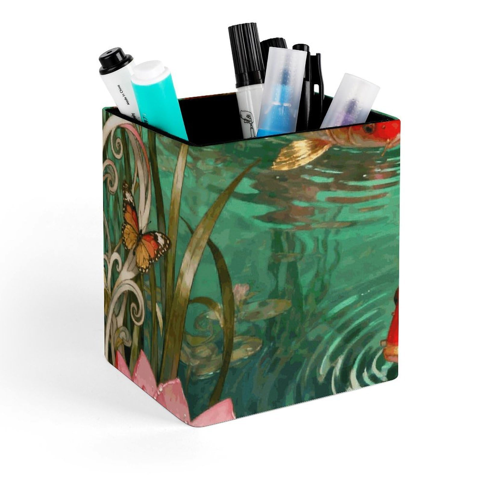 DWVTSLH Aesthetic Pen Holder for Desk - Modern Leather Pencil Holder - Stylish Square Makeup Brush Holder - Koi Lotus Pool Pen Cup Cute And Functional Desk Organizer for Office Supplies