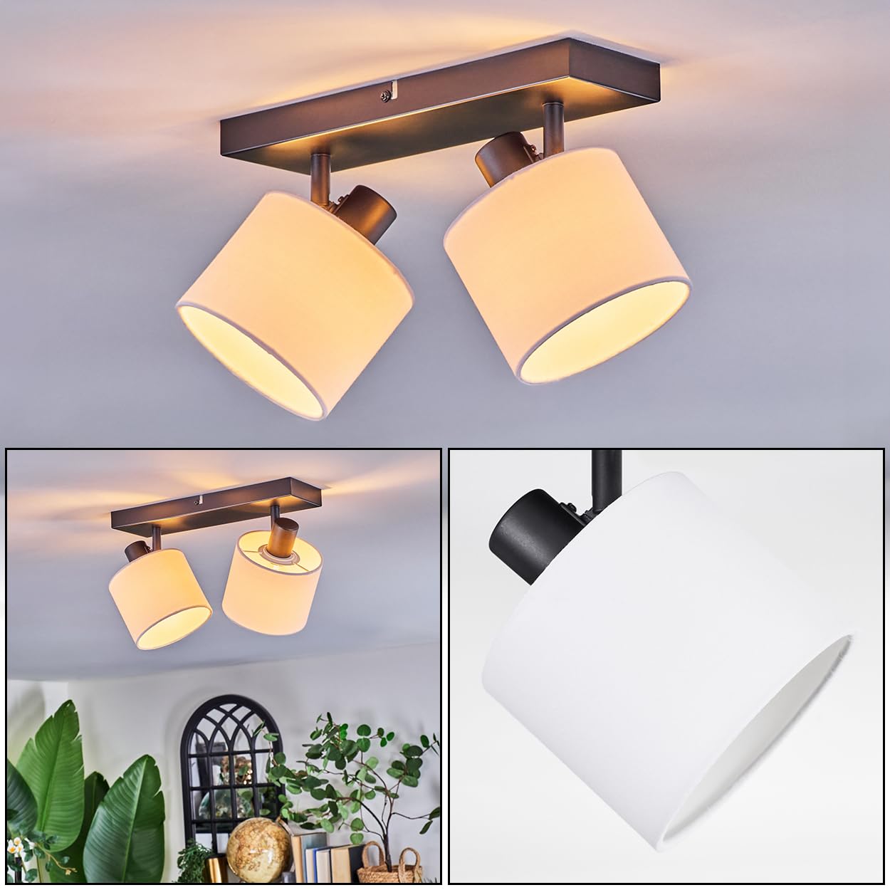 HOFSTEIN Lámpara de techo Bassagoda, lámpara de techo de metal/tela en negro/blanco, lámpara ajustable de diseño moderno (pantallas de 12 cm de diámetro), 2 x E14, comedor, salón, dormitorio, cocina