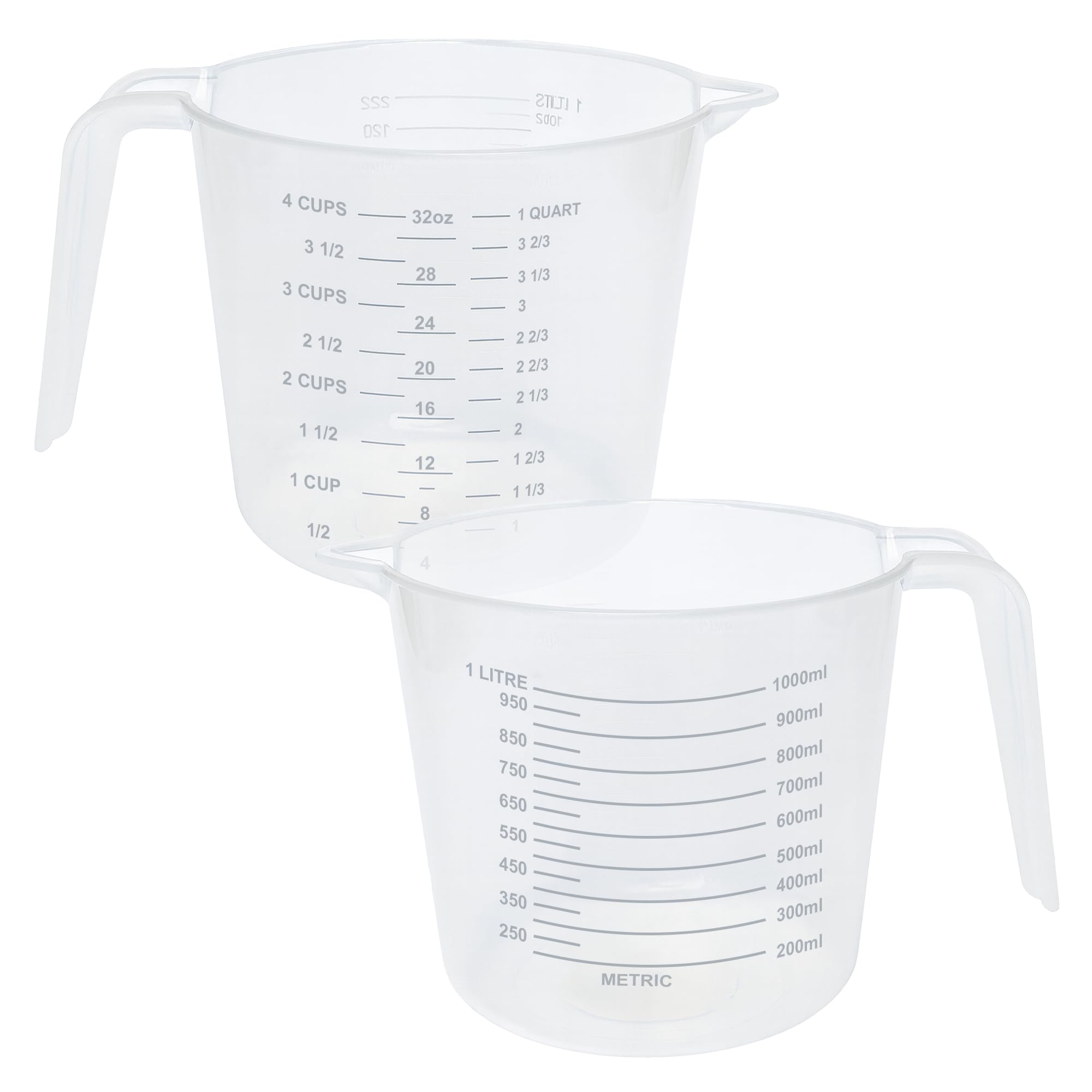 Set of 2 Plastic Lightweight 1L Measuring Jugs, Sturdy and Hardwearing, Easily Storable and Stackable, Measuring Scale Markings on The Side in ml and Ounces, BPA Free (1L Two Pack)