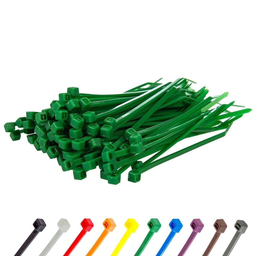 Green Cable Ties, 200mm x 2.5mm, Pack of 100, 8” Premium Nylon Zip Ties, Multi-Purpose Plastic Tie Wraps, Secure Self-Locking Mechanism, for Home, Garden, Office and DIY