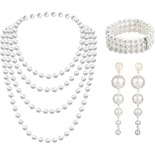 MIVAIUN 3 PCS Faux Pearl Set with Plastic Pearl Long Dangle Earrings 3 Row Stretch Pearl Bracelet 1920 Pearl Necklace Jewelry 1920s Accessories Pearl Set for Party Prom Wedding Festival